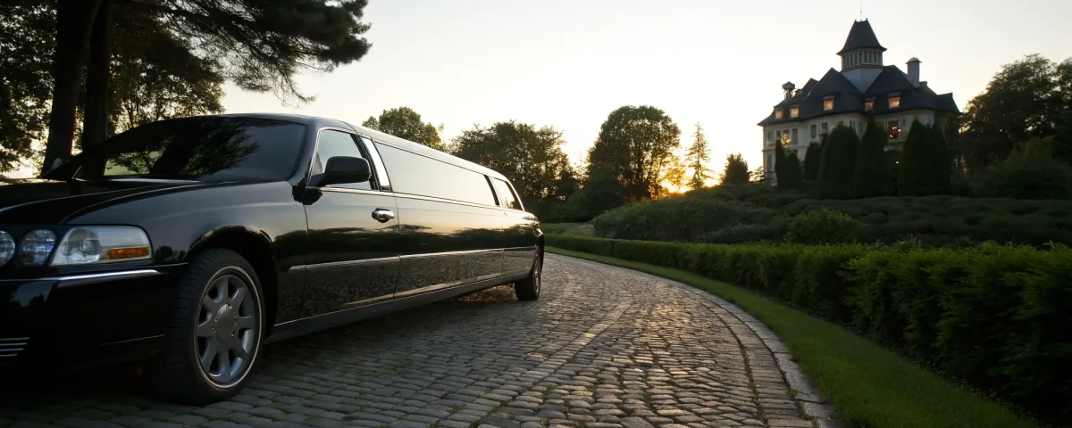 Black stretch limo parked on a cobblestone driveway.