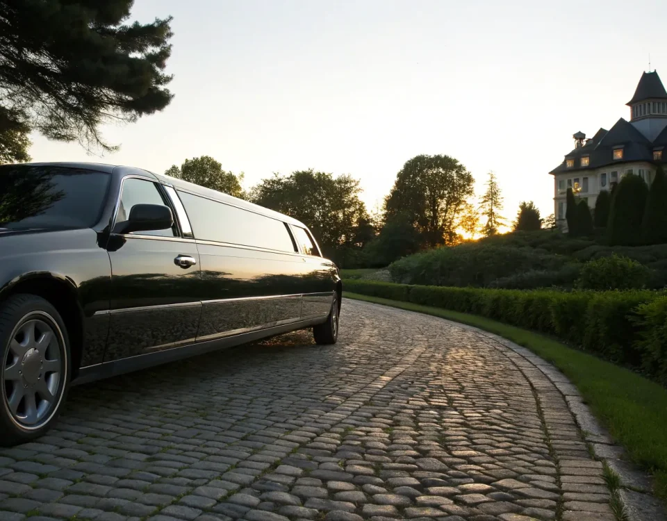 Black stretch limo parked on a cobblestone driveway.