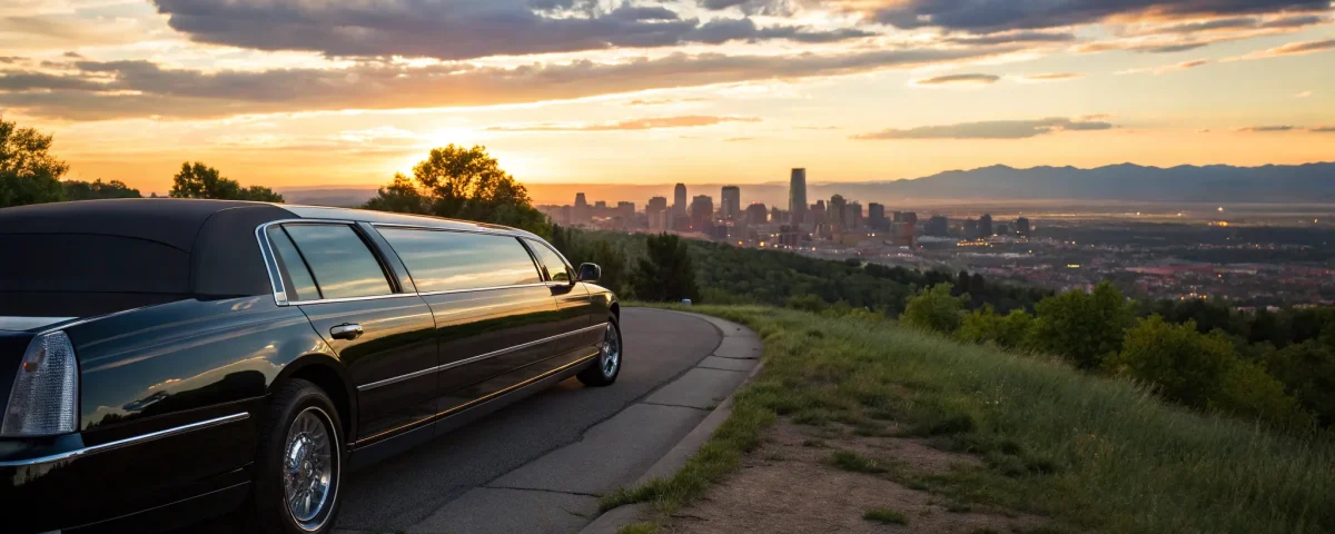 Black limousine rental parked on a city road.