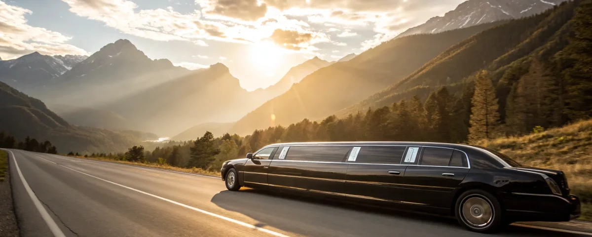 Black limousine on scenic mountain road. Rent a limo for luxury travel.