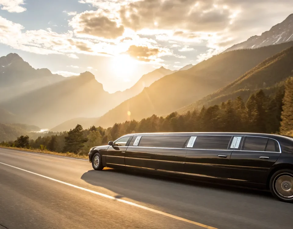Black limousine on scenic mountain road. Rent a limo for luxury travel.