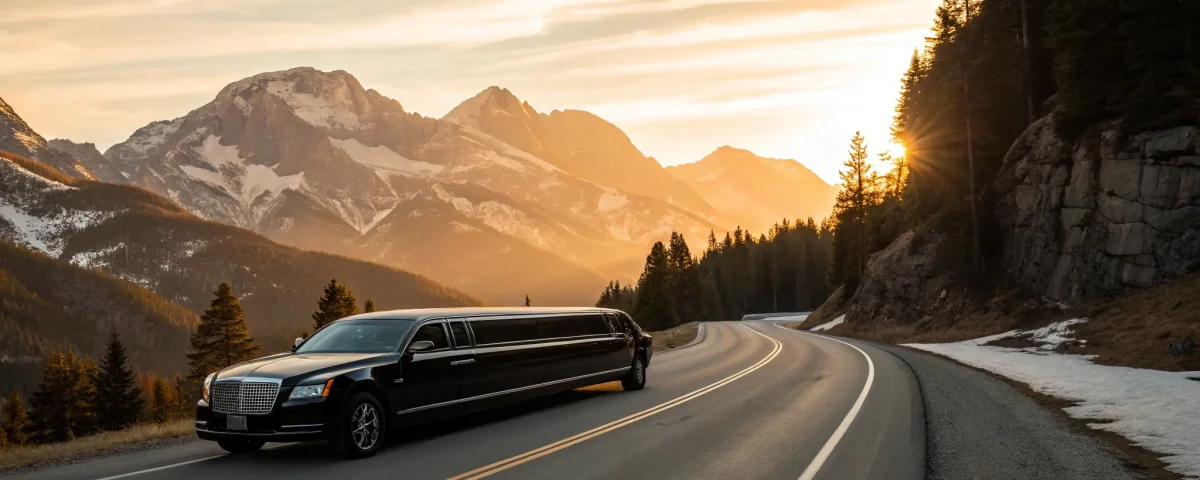 Luxury limousine on a scenic mountain road.