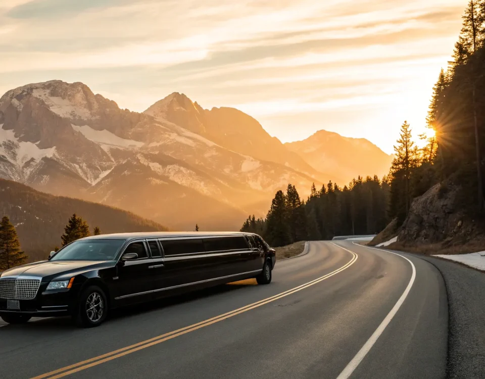Luxury limousine on a scenic mountain road.