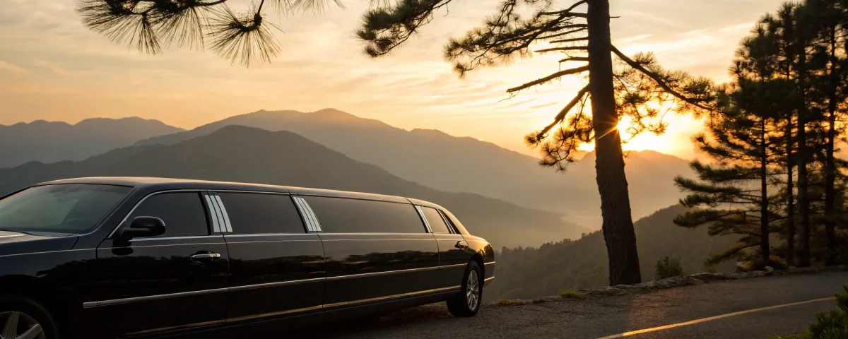 Denver airport limo parked near scenic mountains.