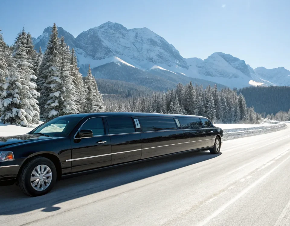 Black limo driving on snowy mountain road to Vail from Denver Airport.
