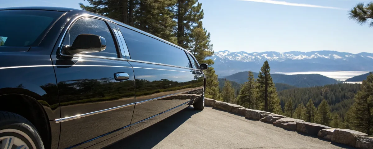 Sleek black limo parked near mountains.
