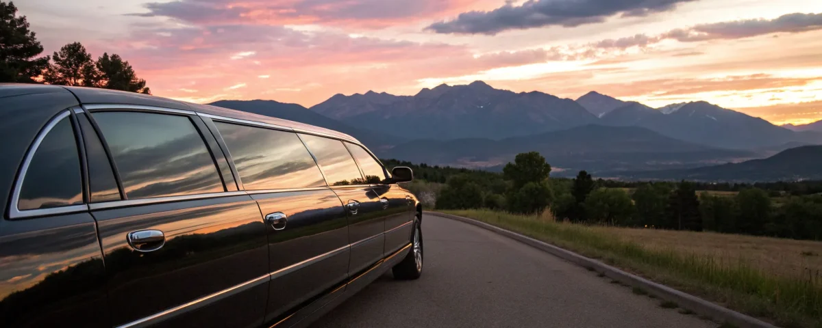 Luxury limo driving on a scenic road.