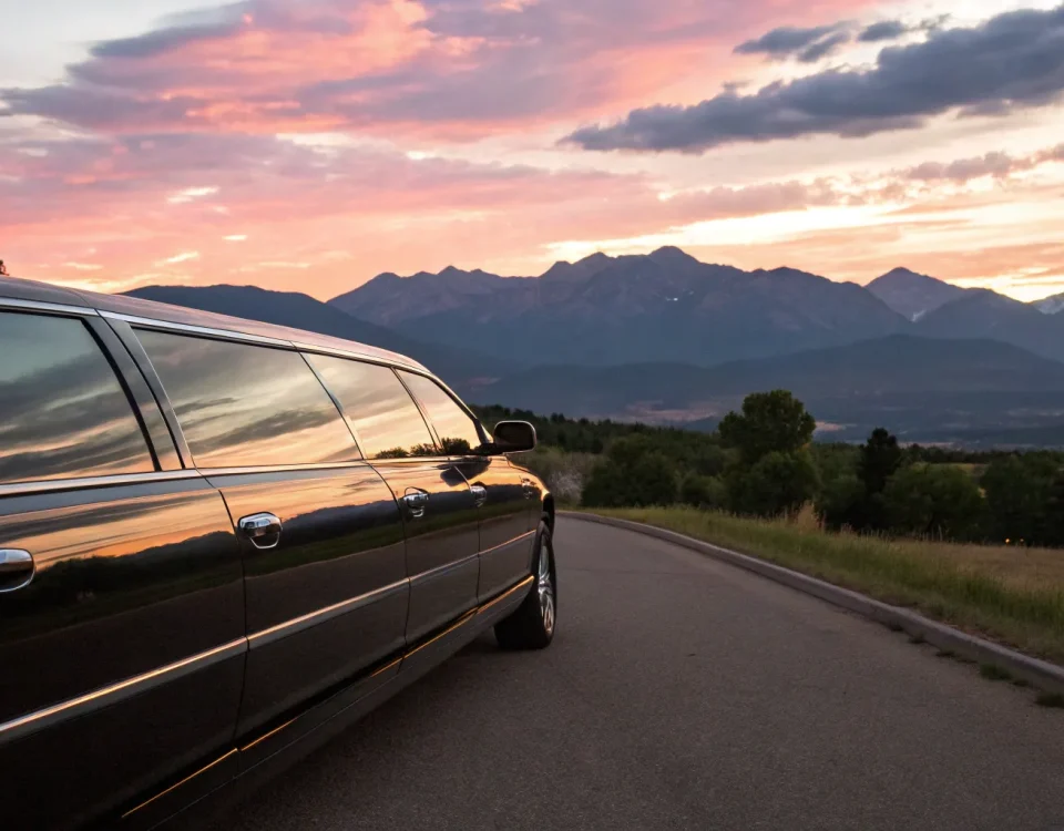 Luxury limo driving on a scenic road.