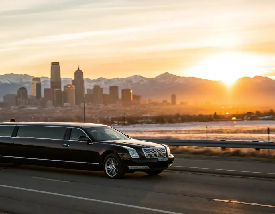 Denver airport car service: Black car at sunrise with mountain view.