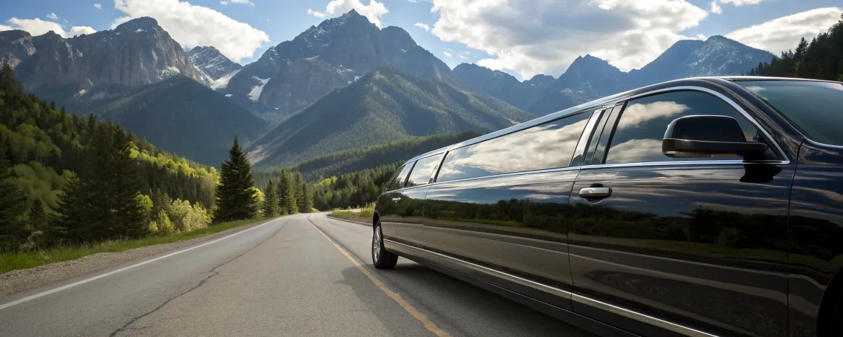 Black limousine on a scenic mountain road.