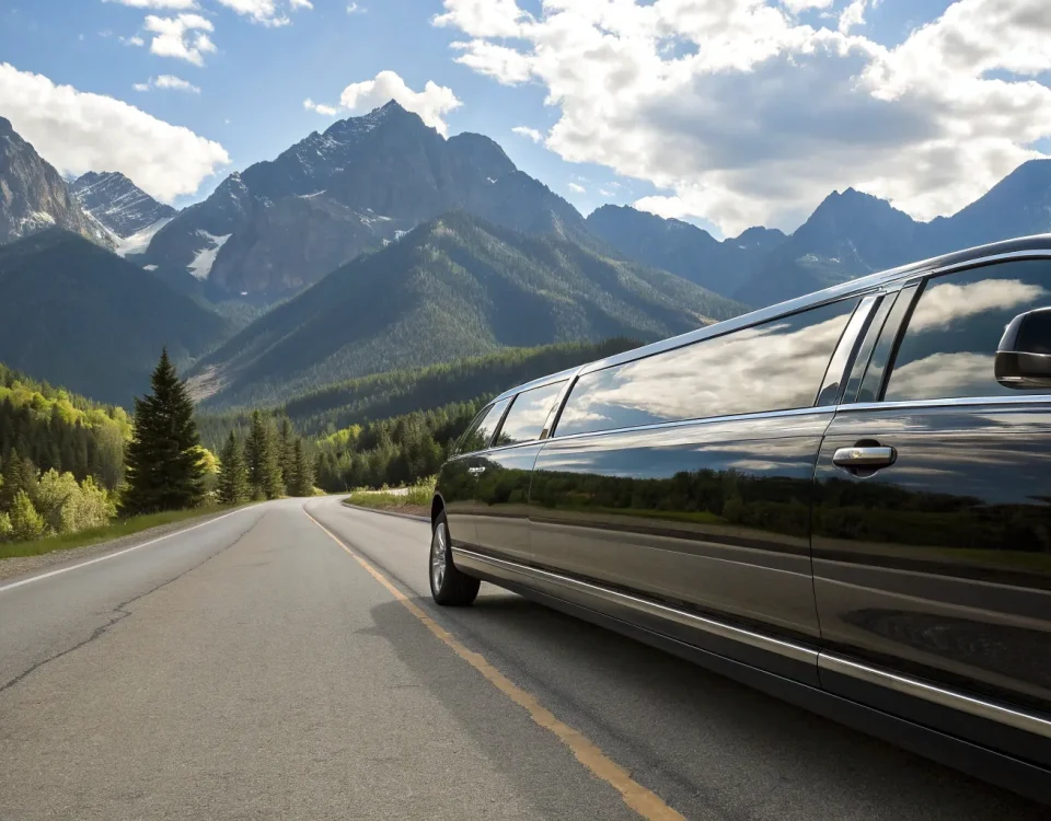 Black limousine on a scenic mountain road.