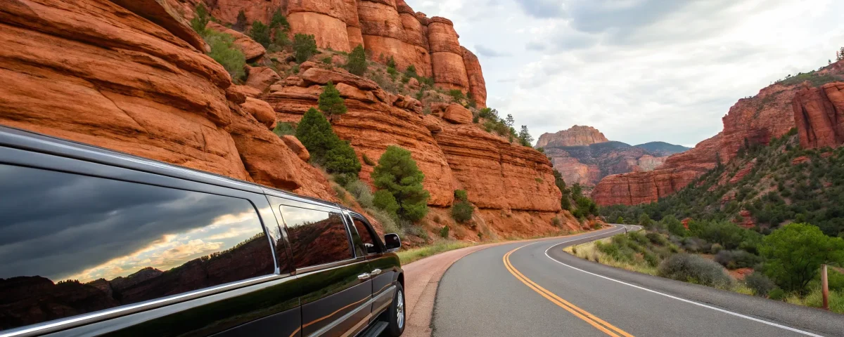 Red rocks limousine on scenic highway.