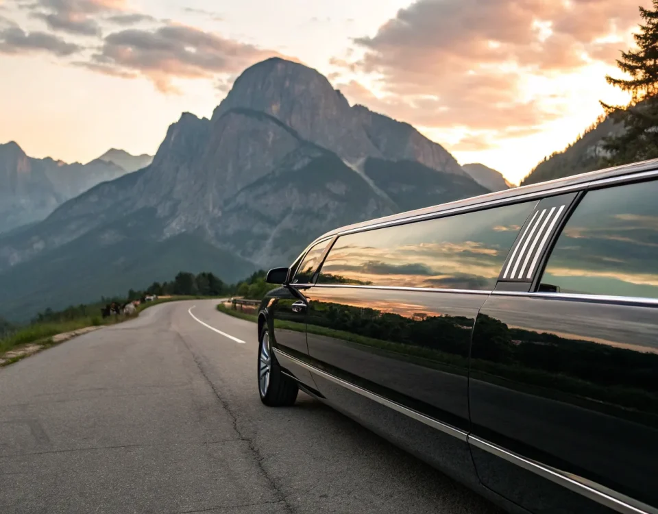 Black limousine on a mountain road.