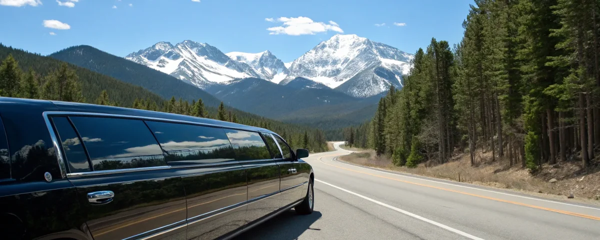 Black Denver limousine on mountain road.