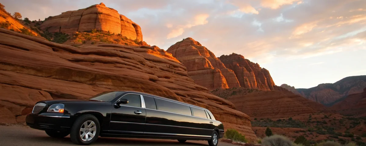 Red Rocks limo with red rock backdrop.
