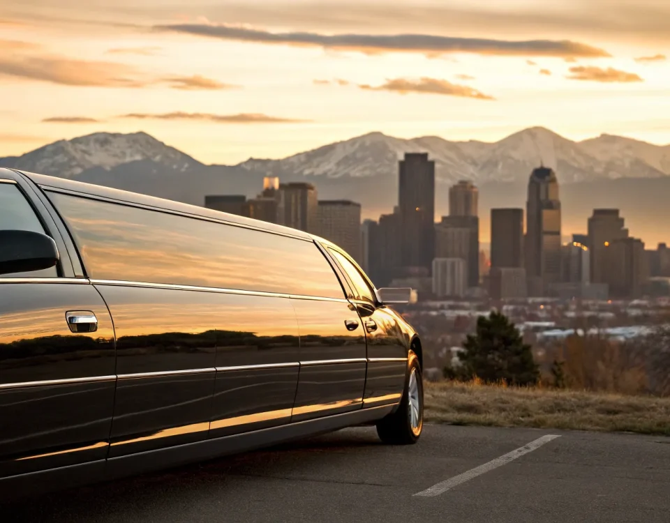 Black car service in Denver with mountain view.
