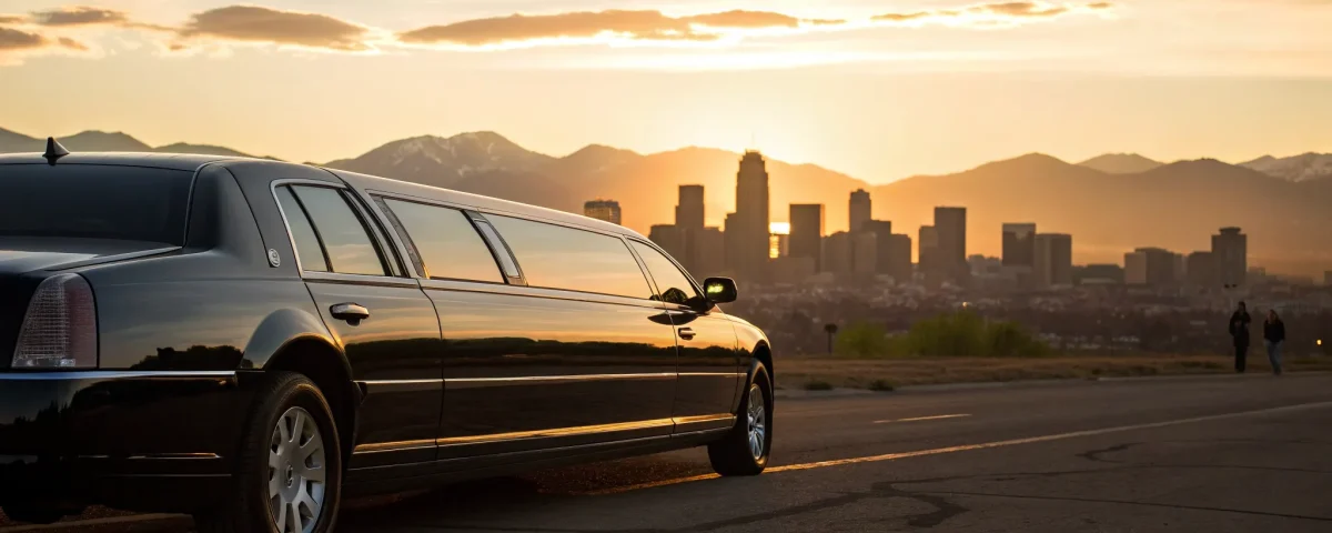 Black car in Denver, Colorado, with mountain view.