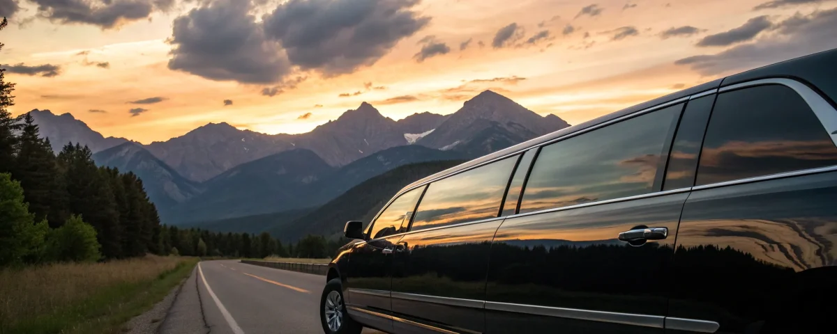 Black stretch limo driving on a scenic highway.