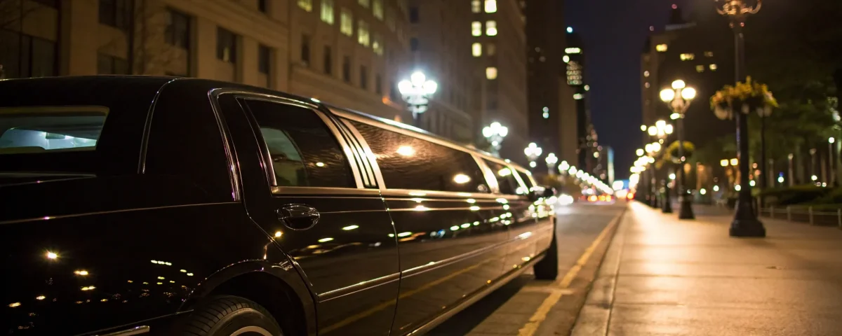Black limo parked on city street at night.