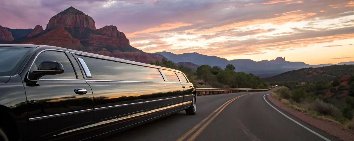Black limo near red rocks.