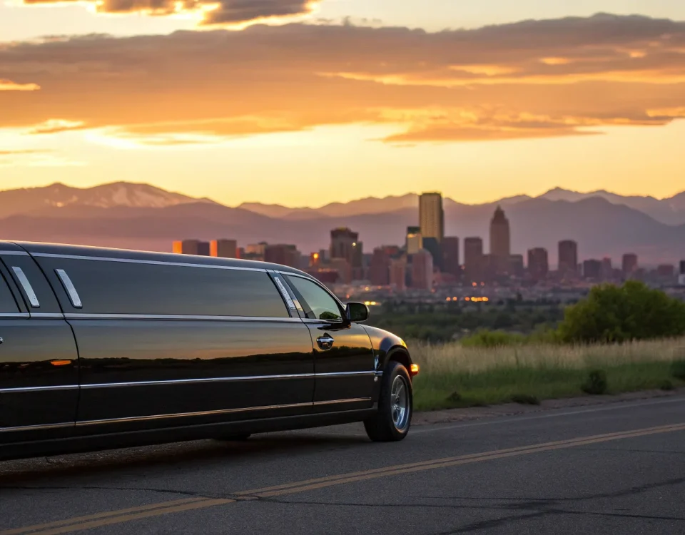 Black Denver limo parked on a roadside with a mountain and city skyline view.