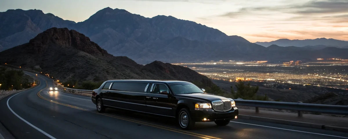 Party limo on a scenic mountain road.