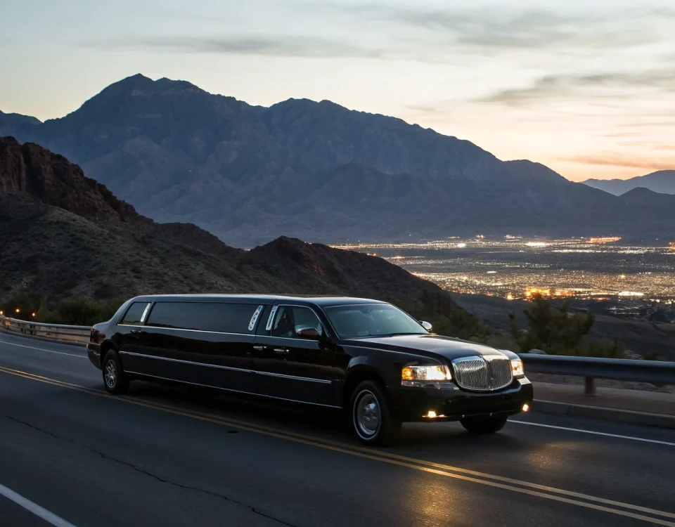 Party limo on a scenic mountain road.