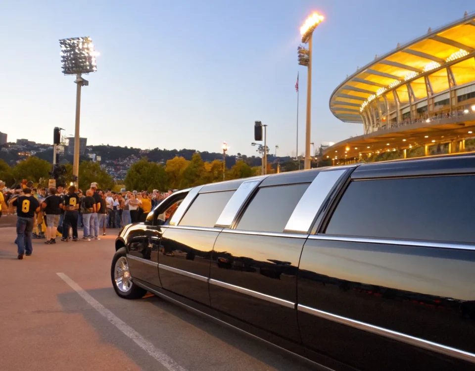 Fans arriving at a stadium in a limo for a sporting event.