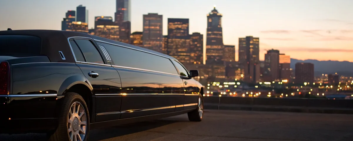 A black limousine in front of the Denver skyline, one of many transportation services available in the city.