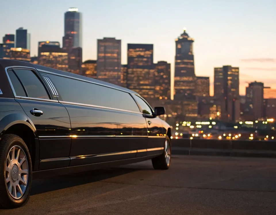 A black limousine in front of the Denver skyline, one of many transportation services available in the city.