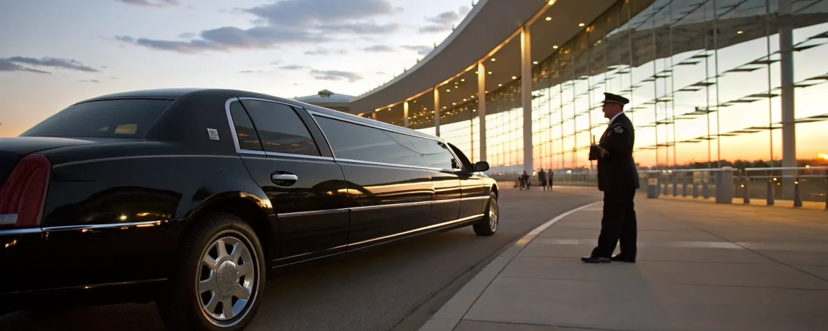 Luxury car service at Denver International Airport with a chauffeur waiting by a black car.