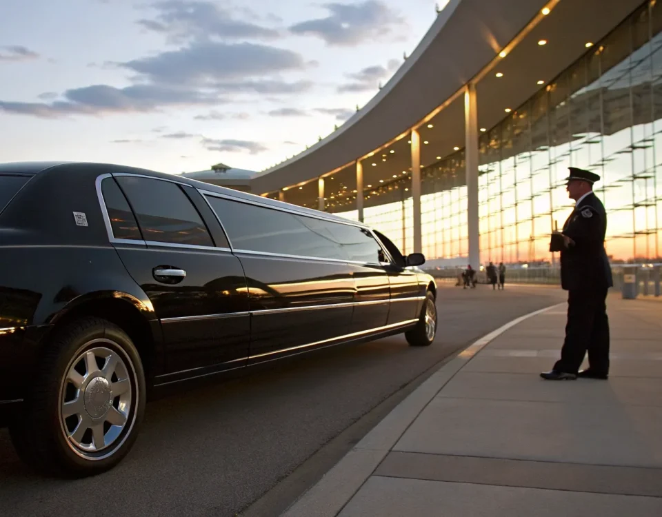 Luxury car service at Denver International Airport with a chauffeur waiting by a black car.