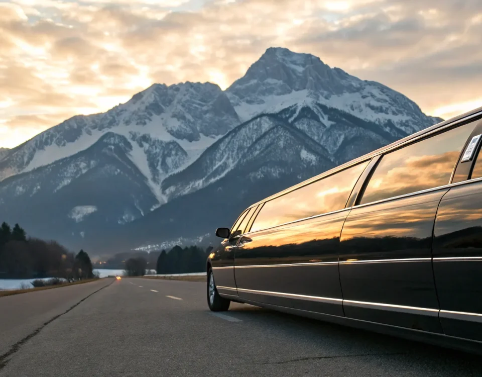 Denver chauffeur service. Black car on mountain road.