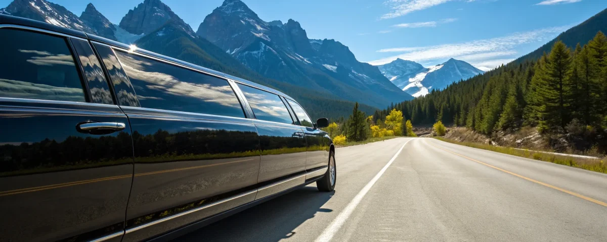 Luxury limousine providing transportation services on a scenic mountain road in Denver.