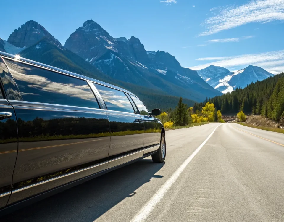 Luxury limousine providing transportation services on a scenic mountain road in Denver.