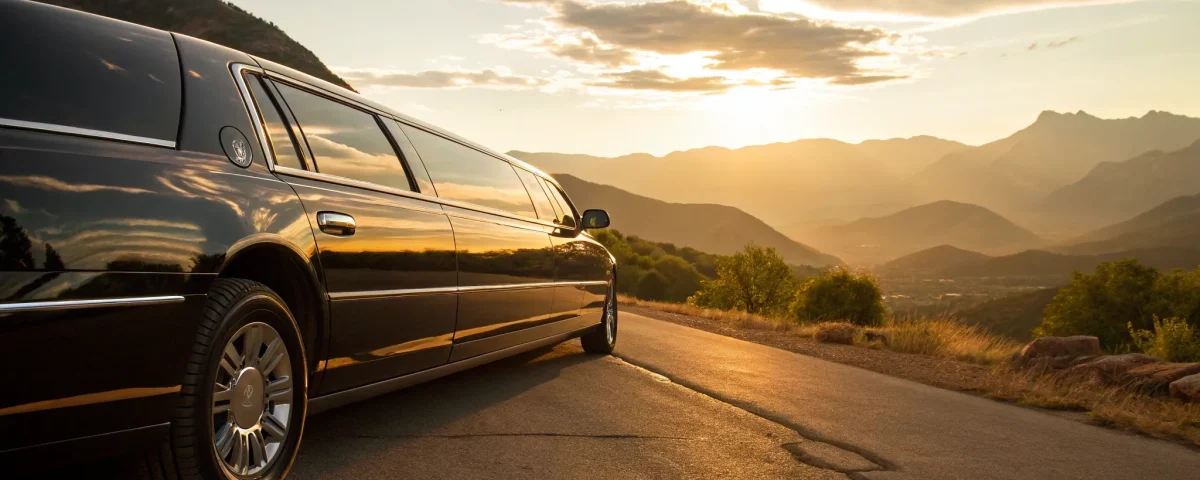 A black stretch limo from a top-rated limo co driving on a scenic mountain road.