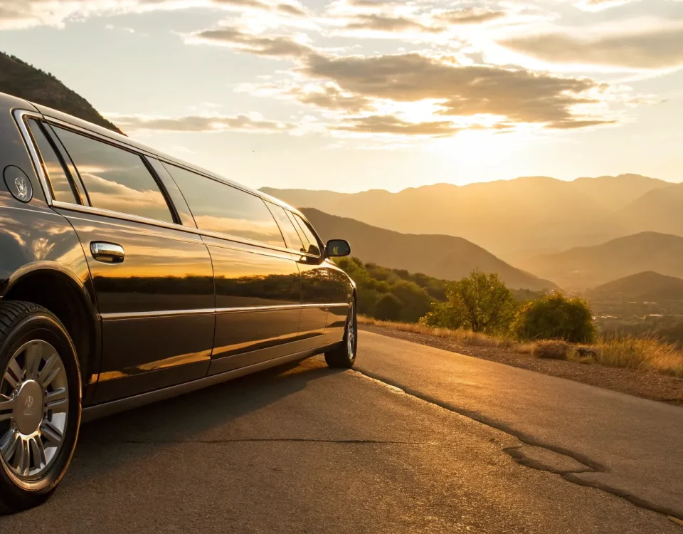 A black stretch limo from a top-rated limo co driving on a scenic mountain road.