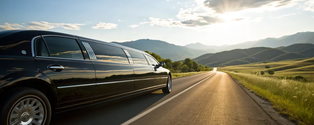 A luxury limo from a premium Denver service driving on a scenic road at sunset.