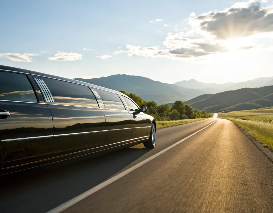 A luxury limo from a premium Denver service driving on a scenic road at sunset.