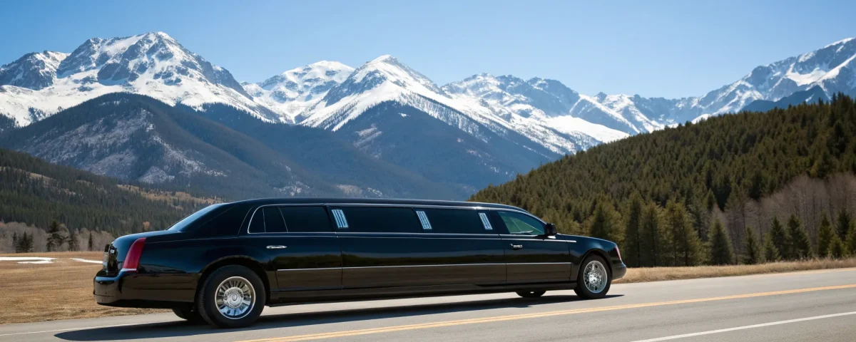 A black stretch limo from a Denver car service on a scenic mountain road.