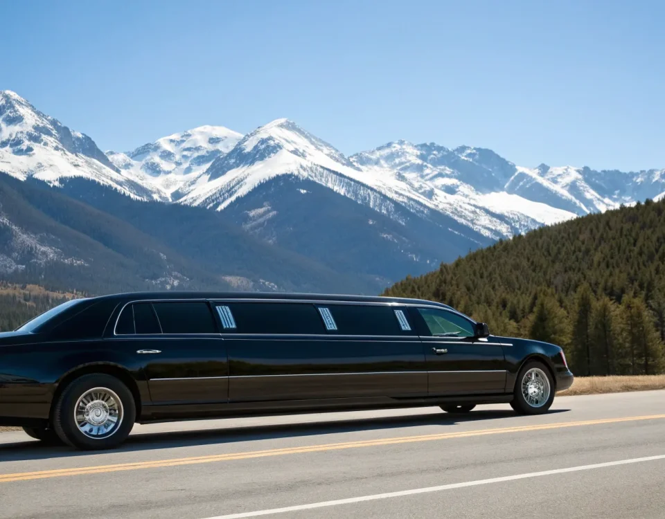 A black stretch limo from a Denver car service on a scenic mountain road.