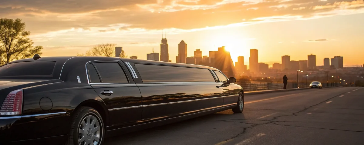 Luxury black limousine from a private car service driving through Denver at sunset.