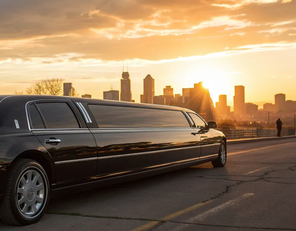 Luxury black limousine from a private car service driving through Denver at sunset.