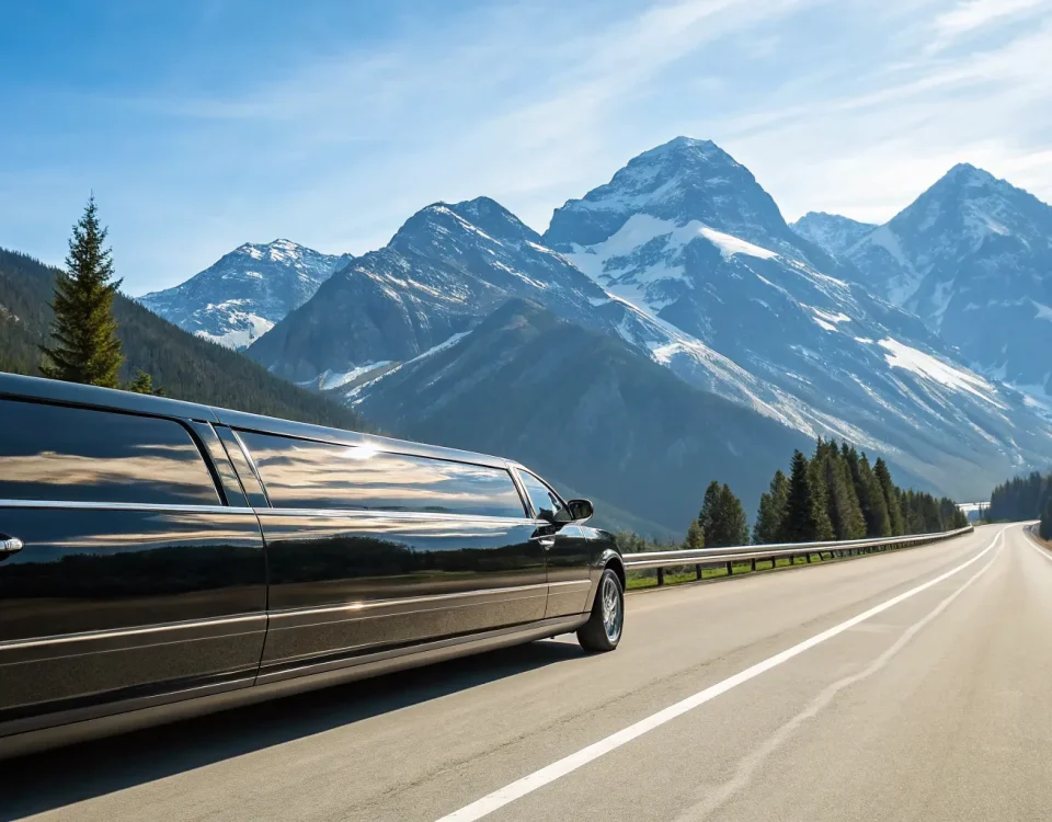 Black stretch limo on a scenic mountain road.