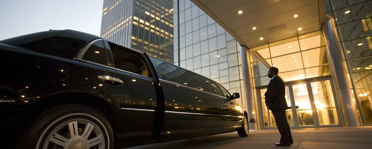A corporate limo with a chauffeur waiting outside a Denver office building.
