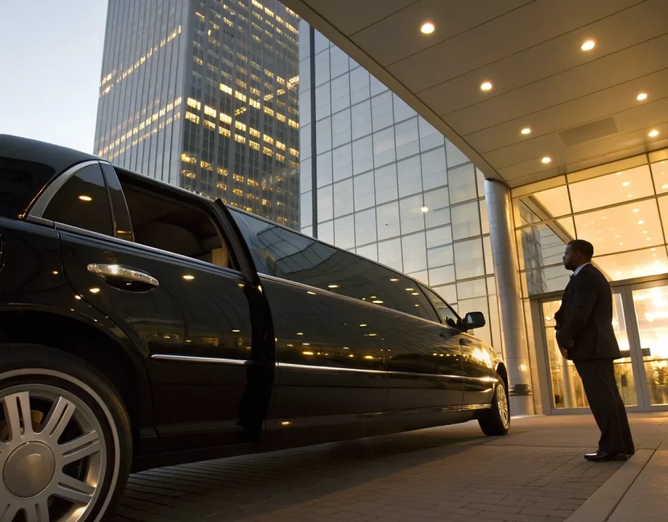 A corporate limo with a chauffeur waiting outside a Denver office building.