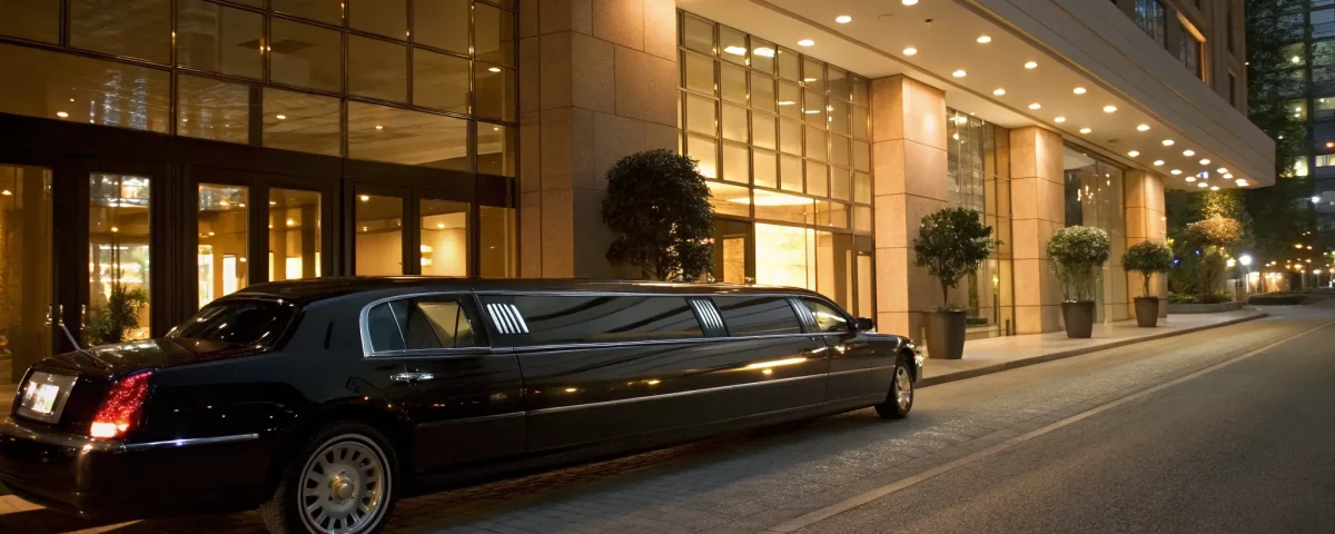 A black stretch limousine parked at a hotel, an elegant choice for anyone looking to rent a limousine.