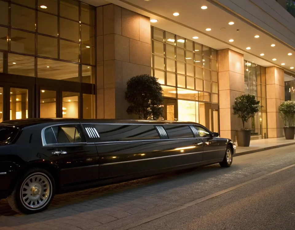 A black stretch limousine parked at a hotel, an elegant choice for anyone looking to rent a limousine.