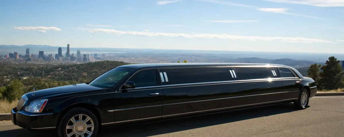 Black stretch limo service to Denver airport with a city view.