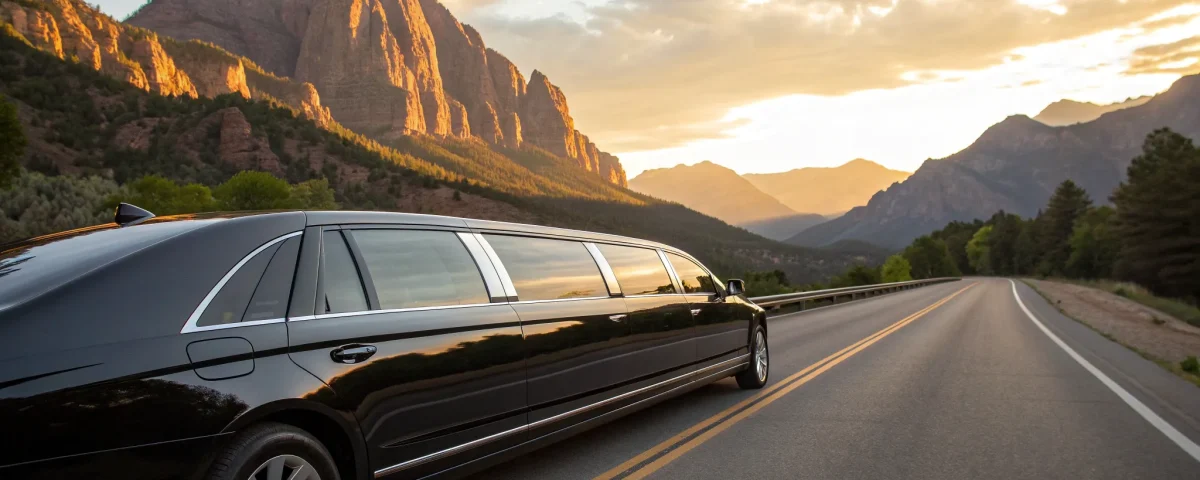 A luxury chauffeur drives a limousine on a Denver mountain road at sunset.